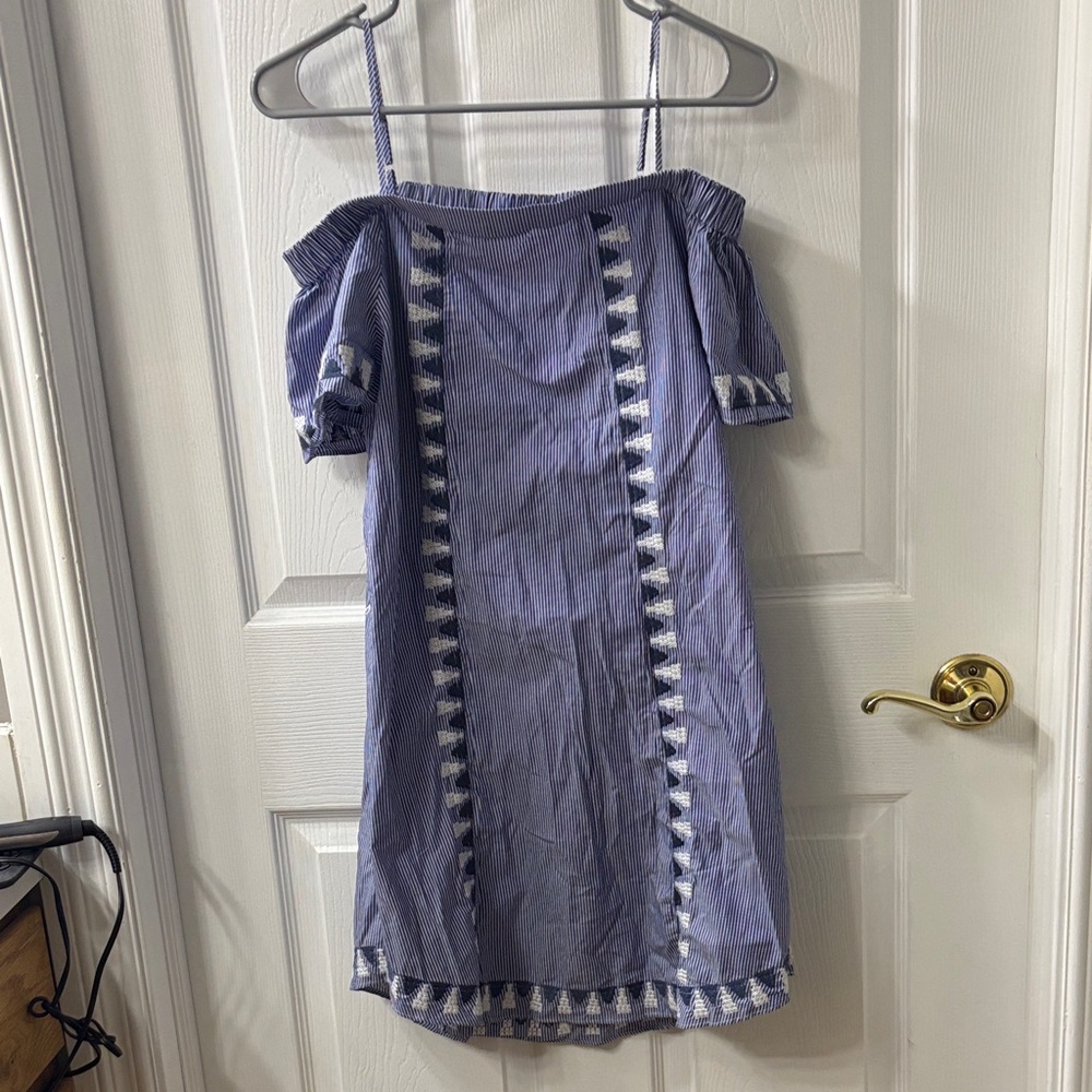 Off-Shoulder Striped Tassel Trim Mini Dress in Blue